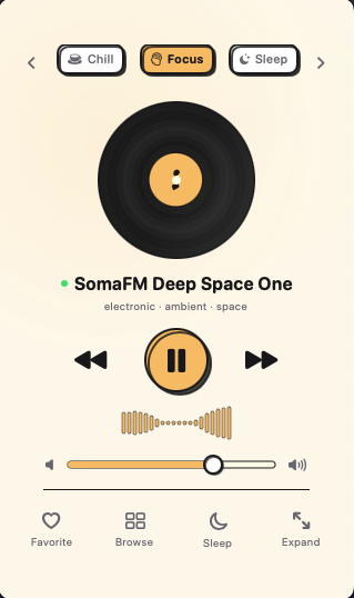 AuraFi compact menu bar radio in Focus mood